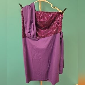 Plus Size 18 Women's Sequin Glitter Solid Dress One Shoulder Purple Zip In Back
